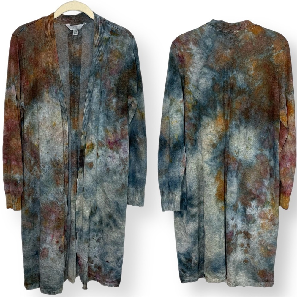 Tie dye cardigan duster brown gray steel ice open front long sleeve jacket M